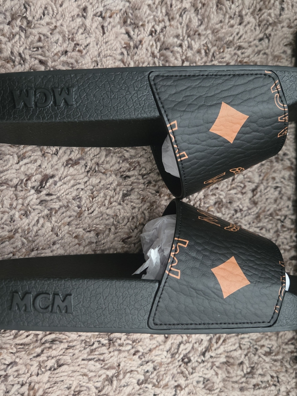 MCM Black & Orange Logo Slide Sandals - Picture 4 of 13